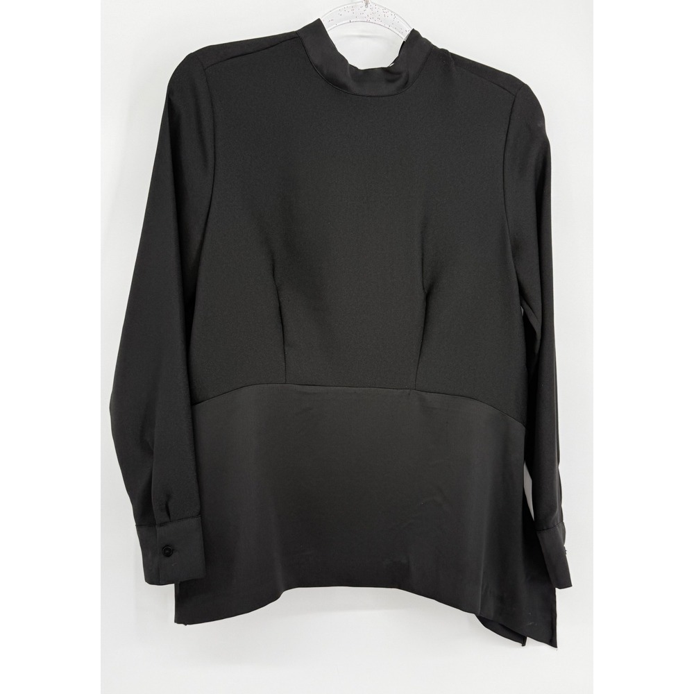 HM Black Mock Neck Tie Back Bow Long Sleeve Mixed Media Blouse Sz 10